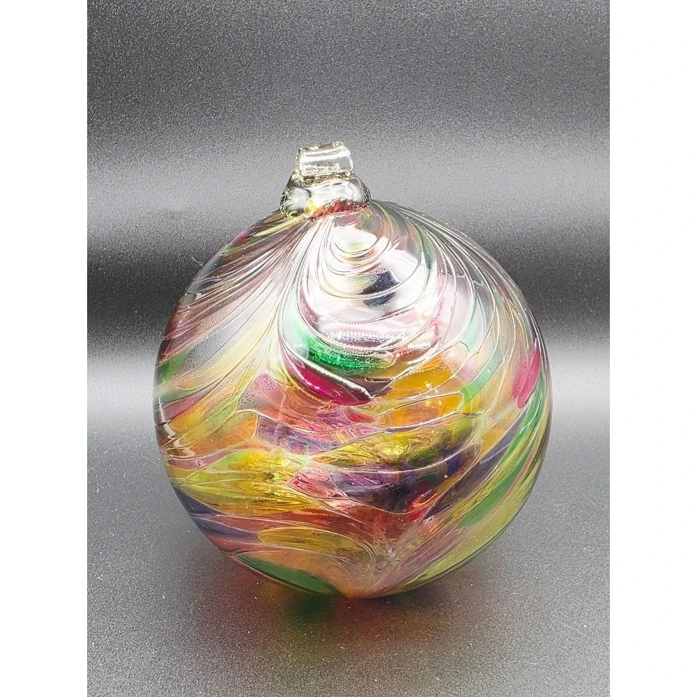 Vintage Kugel Style Hand Blown Glass Ornament Multi-color Swirl Bauble‎